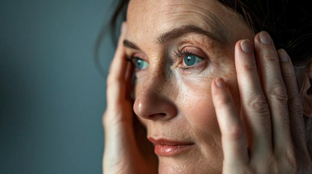 woman in her 30's looking at her aging face