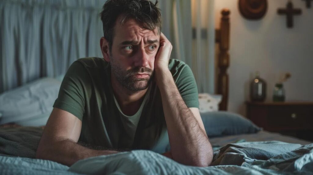 man in his 40's sitting in bed unhappy