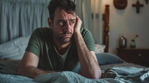 man in his 40's sitting in bed unhappy