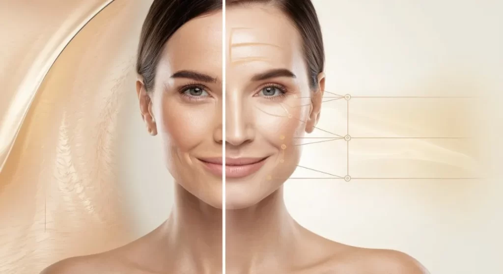 Side-by-side comparison of a woman's neck and shoulders showing skin texture improvement with beige and light cream background tones.