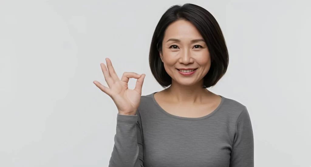 Person in gray long-sleeve shirt making an OK hand gesture